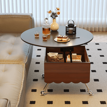 Multifunctional Black Slate Coffee Table - 19" Round Top, Solid Wood 4-Leg Base